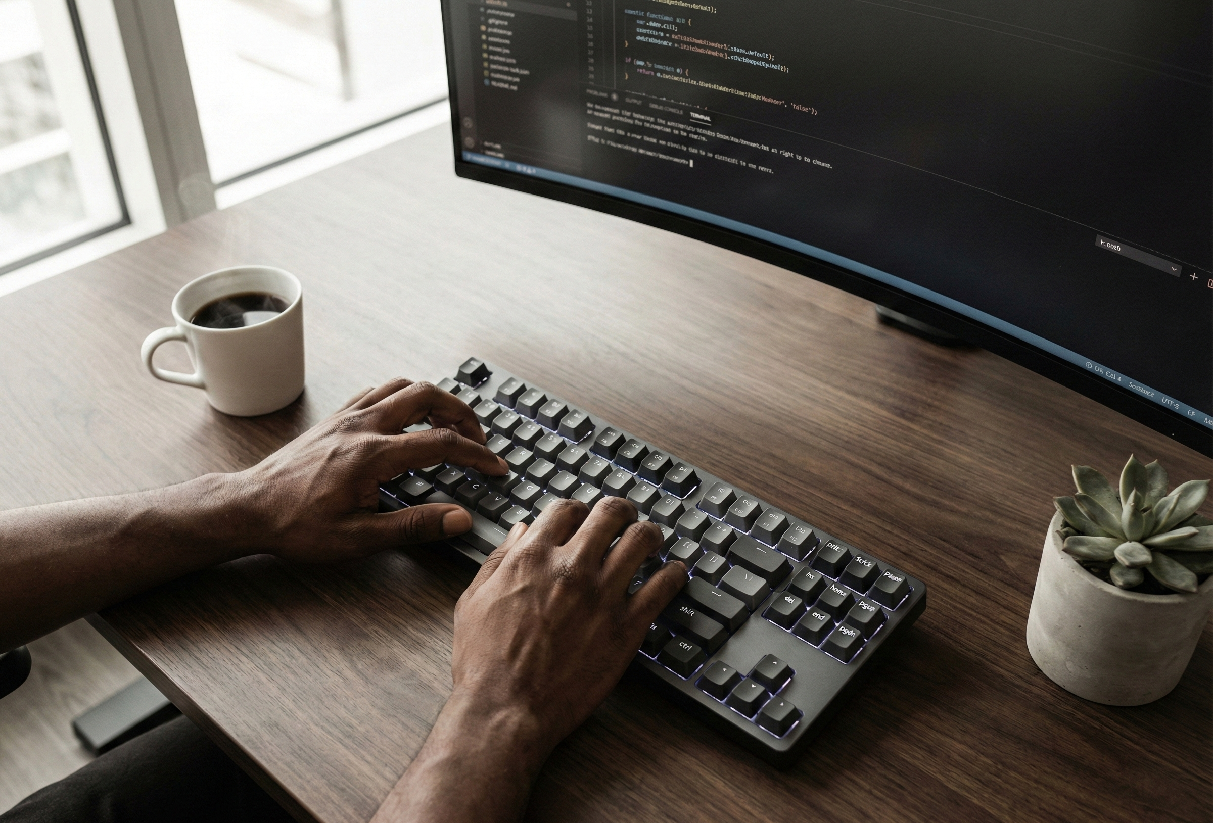 Hands typing on keyboard with code on screen