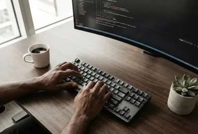 Hands typing on keyboard with code on screen